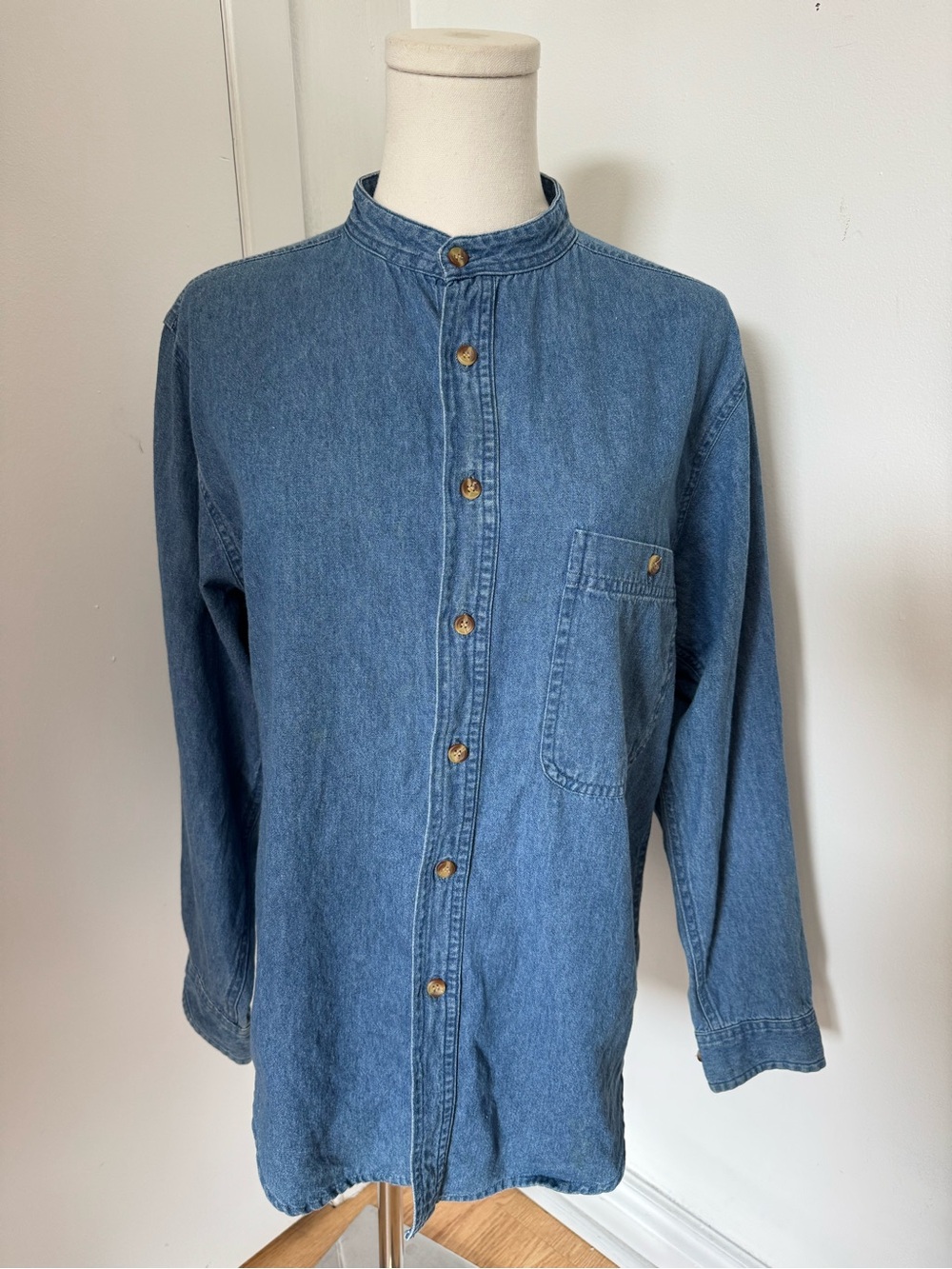 Corner Stone Blue Denim Band-Collar Shirt Jacket